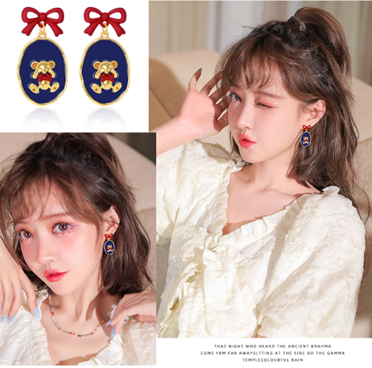 Blue Bear Sterling Silver Earrings Cute and Cute Earrings Retro Bow Girls No Piercing Ear Clips