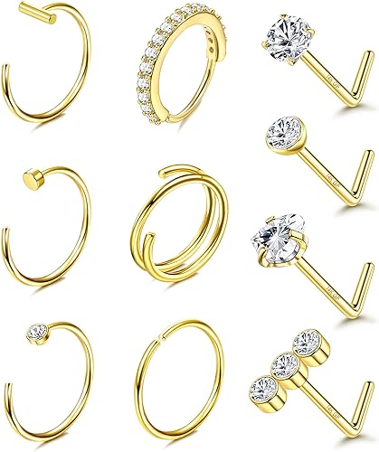 BESTEEL 14K Gold gefüllt Nasenring Ohrstecker 20G Nasenringe Creolen Ohrstecker 316L Edelstahl Nasenringe rund CZ Herz simulierter Diamant L-förmiger Nasenstecker Hypoallergener Nasenloch-Piercing-Schmuck für Damen Herren 10 Stück