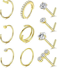 BESTEEL 14K Gold gefüllt Nasenring Ohrstecker 20G Nasenringe Creolen Ohrstecker 316L Edelstahl Nasenringe rund CZ Herz simulierter Diamant L-förmiger Nasenstecker Hypoallergener Nasenloch-Piercing-Schmuck für Damen Herren 10 Stück