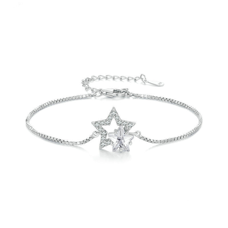 Doppelkreis-Stern-Armband aus S925-Sterlingsilber mit Weißgoldbeschichtung und fünfzackigem Stern-Ornament