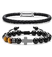 MEALGUET 2 pcs Men's Stainless Steel Bracelets : Black Gemstone Tiger Eye and Agate Cross Beaded ...