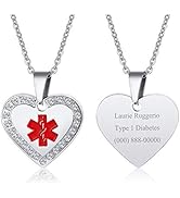 MEALGUET Jewelry Personalized Custom Stainless Steel Heart Shape Medical Alert ID Pendant Necklac...