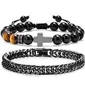 MEALGUET 2 pcs Men's Stainless Steel Bracelets : Black Gemstone Tiger Eye and Agate Cross Beaded ...